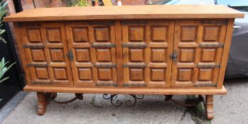 Very Heavy Large Spanish Cabinet with Geometric Panel Doors & Wrought Iron