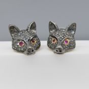 Pair of Unusual Diamond Encrusted Fox-Themed Earrings With Ruby-set Eyes, Boxed