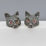 Pair of Unusual Diamond Encrusted Fox-Themed Earrings With Ruby-set Eyes, Boxed