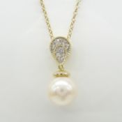 Classic Pearl and Diamond Tear Drop Pendant and Chain In 9ct Yellow Gold