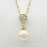 Classic Pearl and Diamond Tear Drop Pendant and Chain In 9ct Yellow Gold