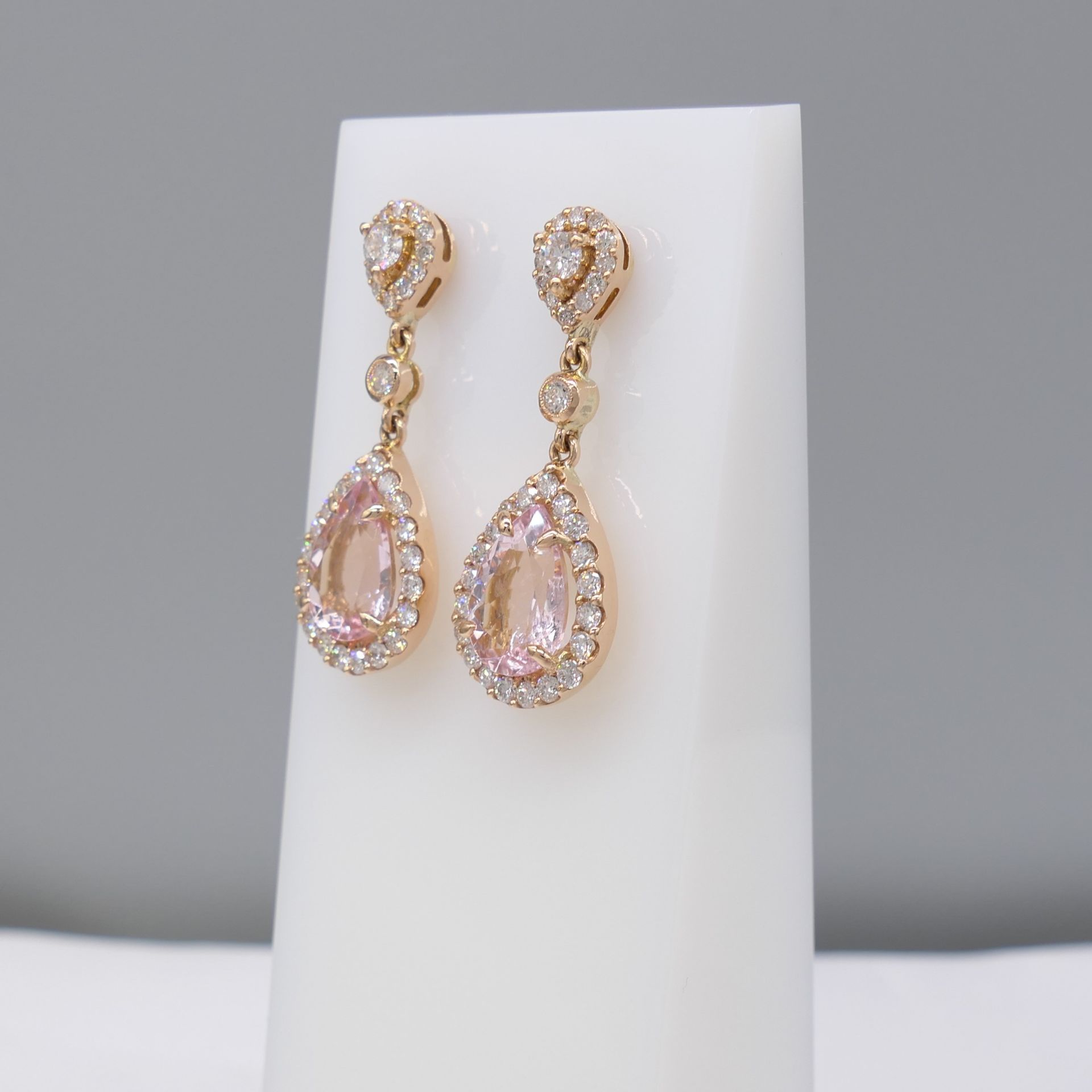 18ct Rose Gold Pear-shaped Morganite and Diamond Drop Earrings, Boxed - Image 5 of 6