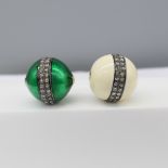 Fine Quality White and Green Enamel Beads Each Set With Two Rows of Rose-Cut Diamonds