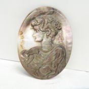 Carved Shell Oval Pendant Or Brooch Insert Depicting An Embossed Lady With Pearl Necklace