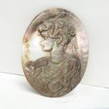 Carved Shell Oval Pendant Or Brooch Insert Depicting An Embossed Lady With Pearl Necklace