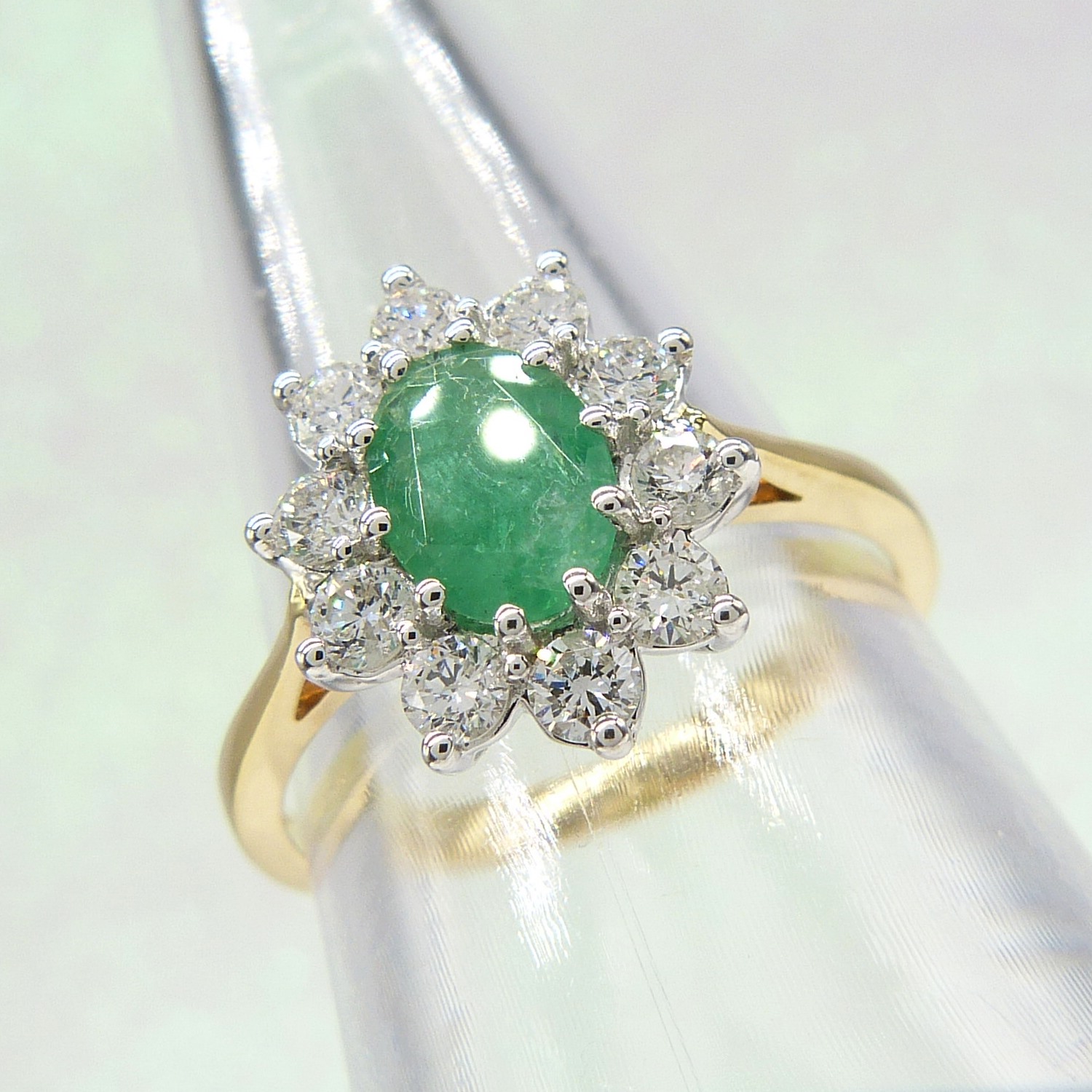 Certificated 18ct Yellow and White Gold Emerald and Diamond Cluster Ring