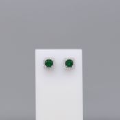 Pair of Chamfered Square Stud Earrings Set With Green and White Stones