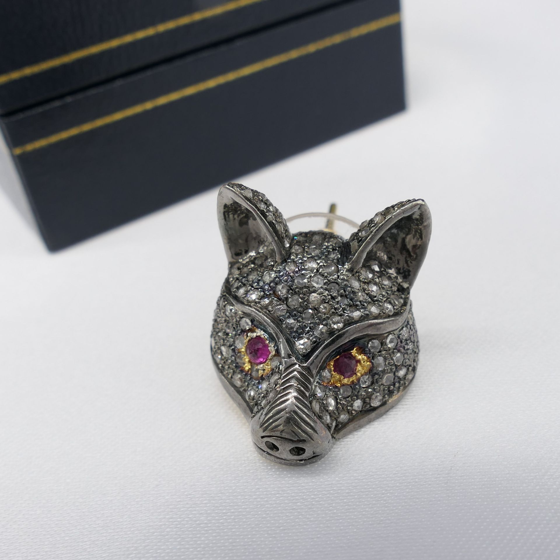 Pair of Unusual Diamond Encrusted Fox-Themed Earrings With Ruby-set Eyes, Boxed - Image 5 of 6