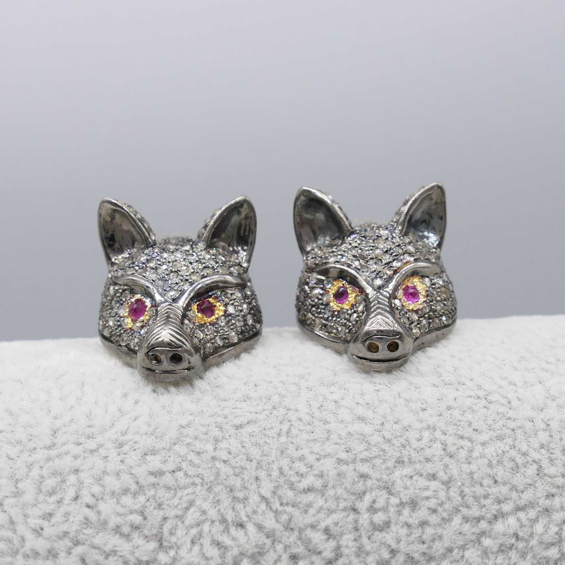 Pair of Unusual Diamond Encrusted Fox-Themed Earrings With Ruby-set Eyes, Boxed - Image 4 of 6