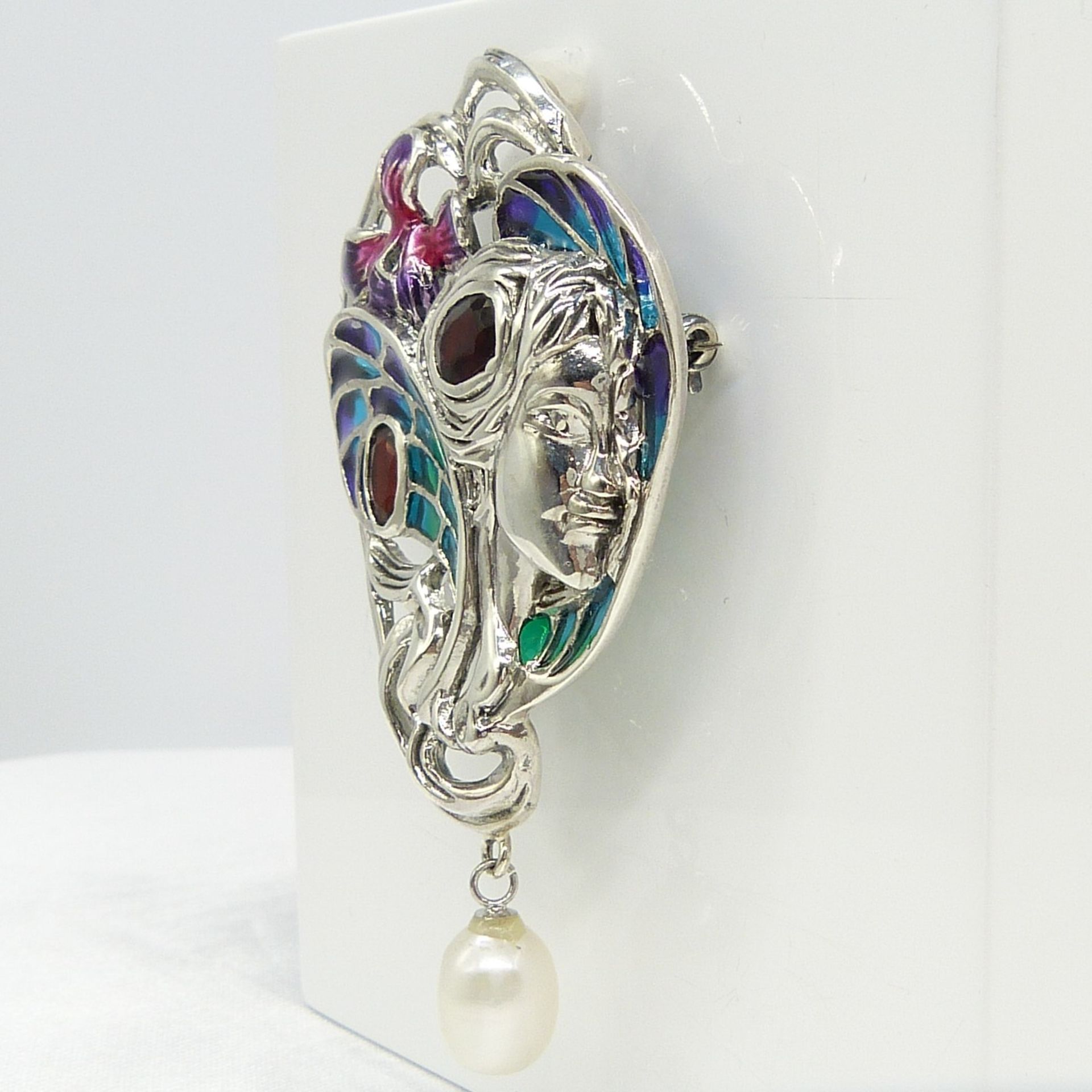 Large Silver Art Nouveau-style Plique-a-jour Brooch With Cultured Pearl and Garnets