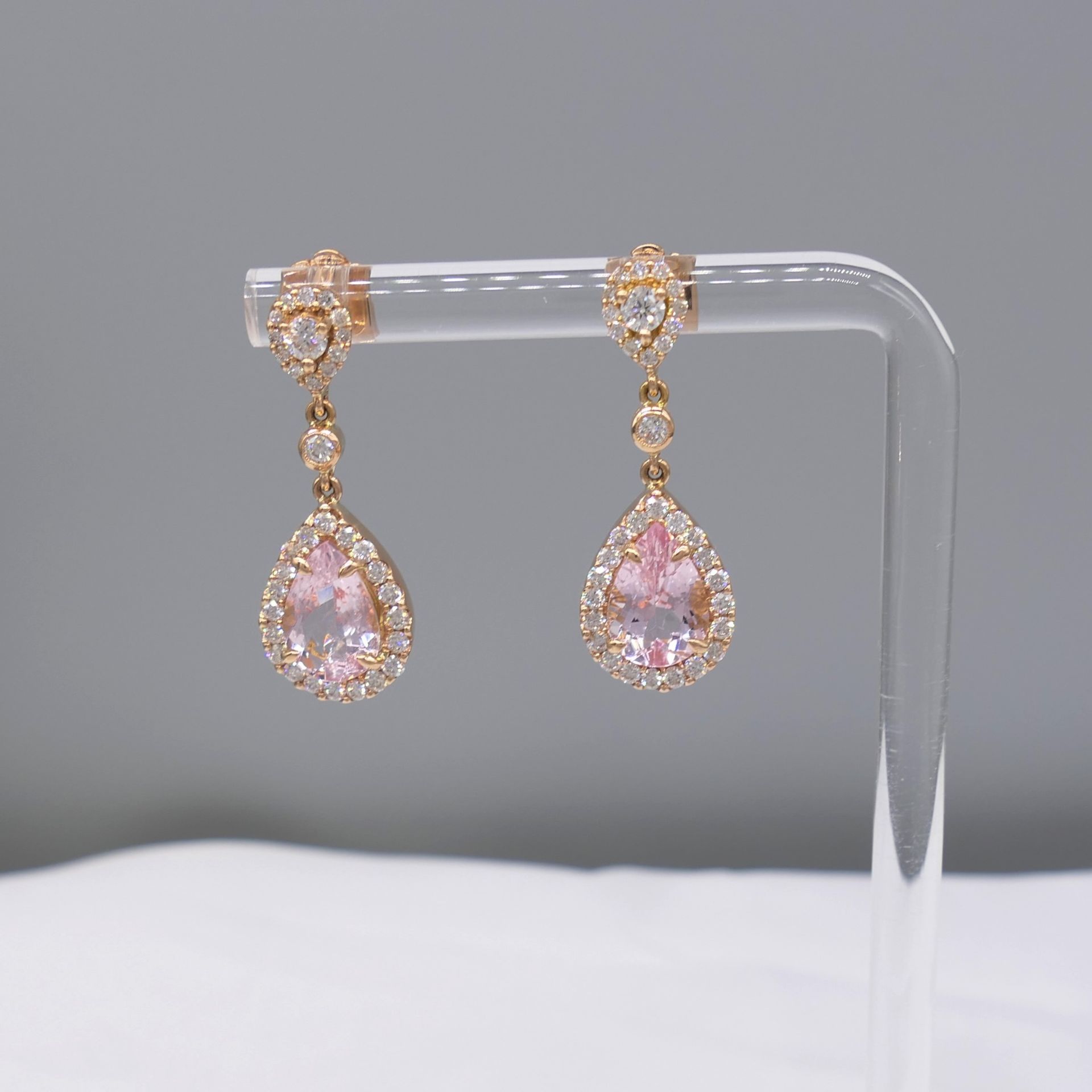18ct Rose Gold Pear-shaped Morganite and Diamond Drop Earrings, Boxed - Image 4 of 6