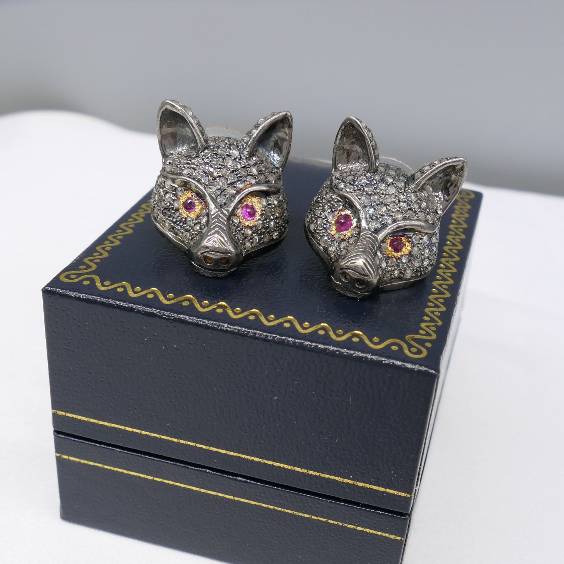 Pair of Unusual Diamond Encrusted Fox-Themed Earrings With Ruby-set Eyes, Boxed - Image 2 of 6