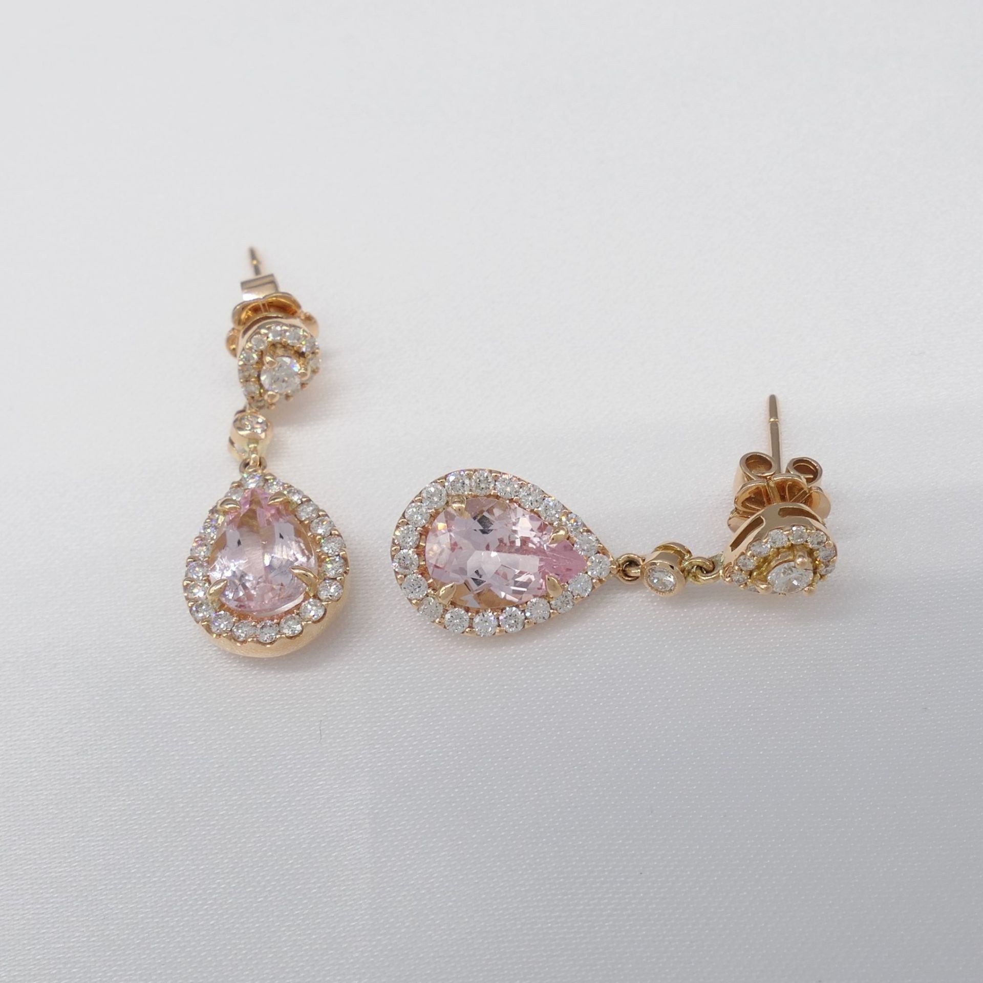 18ct Rose Gold Pear-shaped Morganite and Diamond Drop Earrings, Boxed - Image 6 of 6