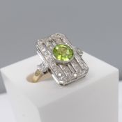 9ct White and Yellow Gold Vintage-style Peridot and Diamond Panel Ring