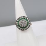 Vintage-style Target Ring Set With Diamonds and Emeralds In Rose Gold With Silver Top