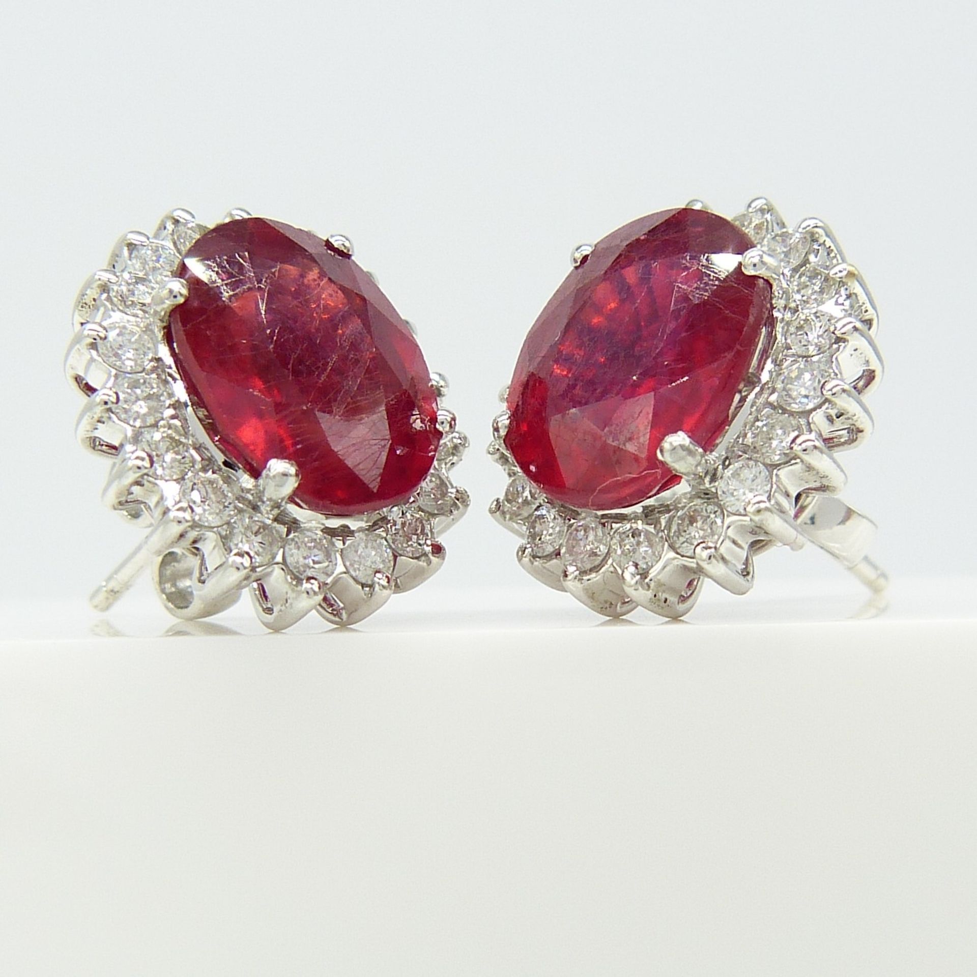 7.50 Carat Ruby and Diamond Cluster Earrings In 18ct White Gold, Boxed