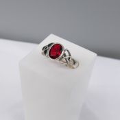 Red Stone-set Sterling Silver Ring With Celtic Design