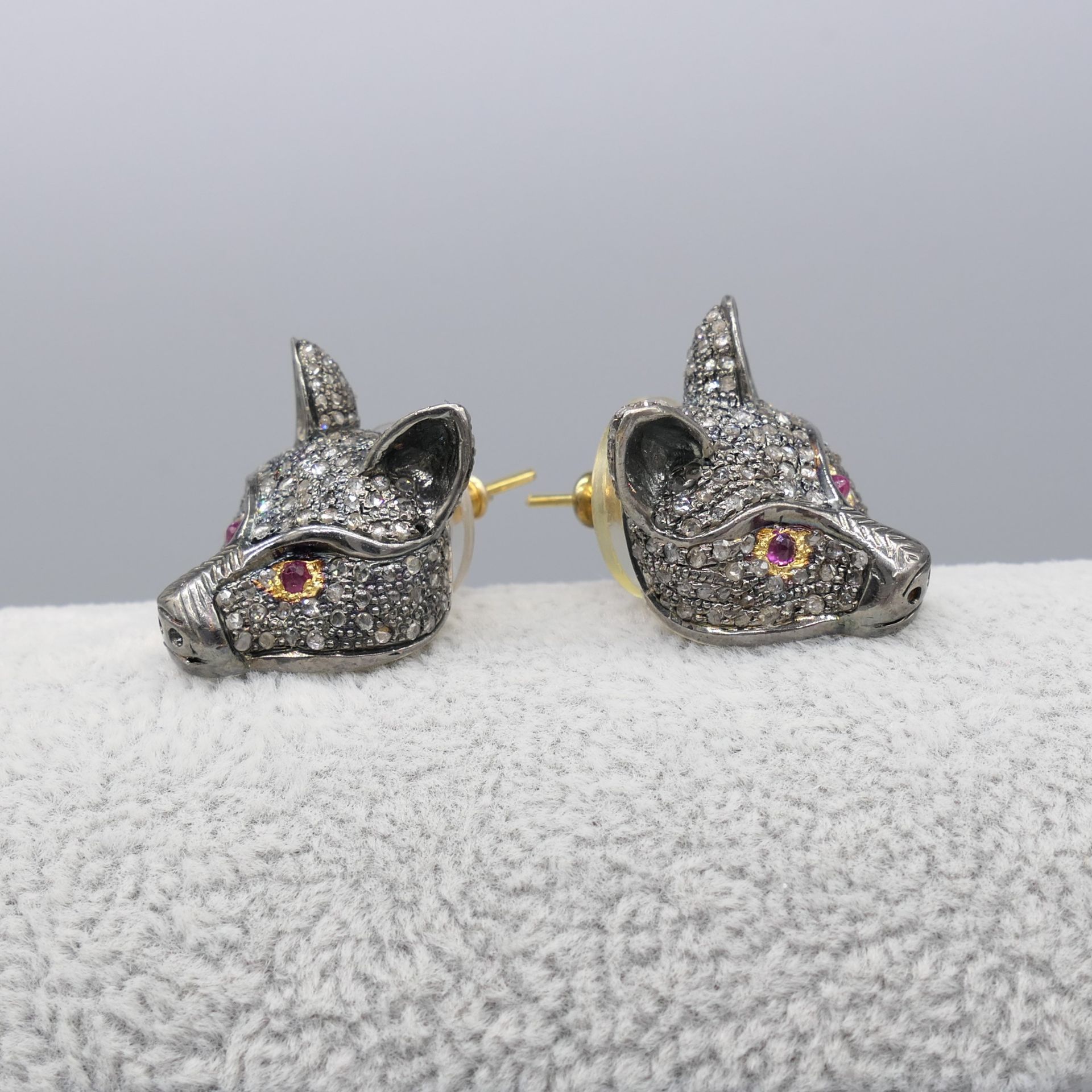 Pair of Unusual Diamond Encrusted Fox-Themed Earrings With Ruby-set Eyes, Boxed - Image 6 of 6
