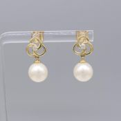 Freshwater Pearl and Diamond Pinwheel Droplet Earrings In 9ct Yellow Gold, Boxed