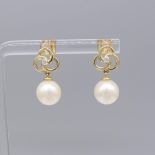 Freshwater Pearl and Diamond Pinwheel Droplet Earrings In 9ct Yellow Gold, Boxed