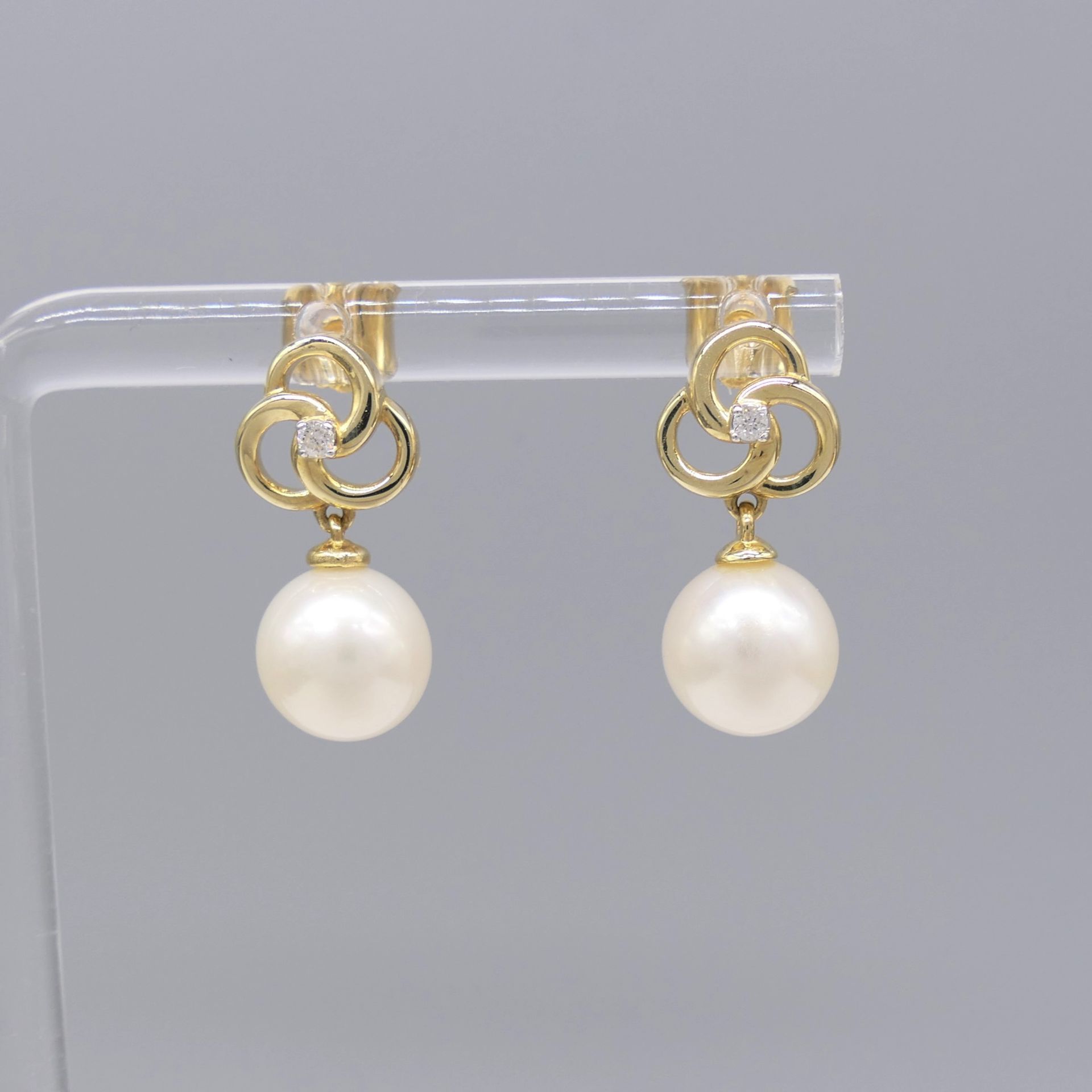 Freshwater Pearl and Diamond Pinwheel Droplet Earrings In 9ct Yellow Gold, Boxed