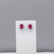 Pair of Sterling Silver Ear Studs Set Red and White Stone Halos