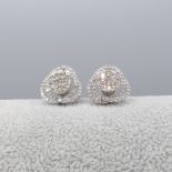 Pair of 18ct White Gold Swirling Diamond Cluster Stud Earrings, Boxed. Diamonds 1.50ct