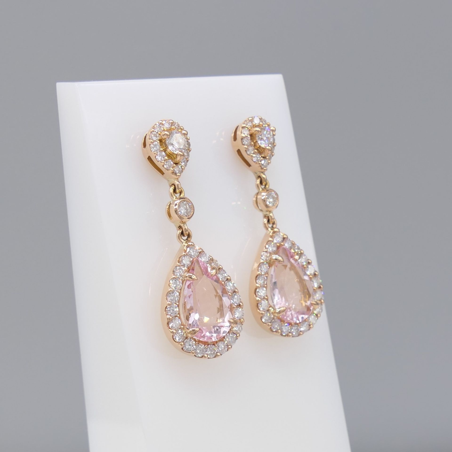 18ct Rose Gold Pear-shaped Morganite and Diamond Drop Earrings, Boxed - Image 3 of 6