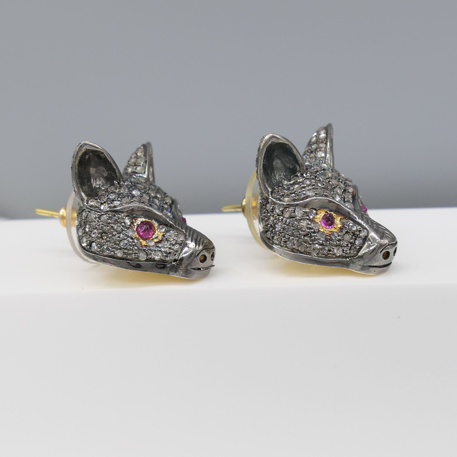 Pair of Unusual Diamond Encrusted Fox-Themed Earrings With Ruby-set Eyes, Boxed - Image 3 of 6