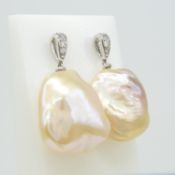 Large, Natural Baroque Pearl and Round-cut Diamond Drop Earrings With Tapered Bales, Boxed