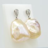 Large, Natural Baroque Pearl and Round-cut Diamond Drop Earrings With Tapered Bales, Boxed