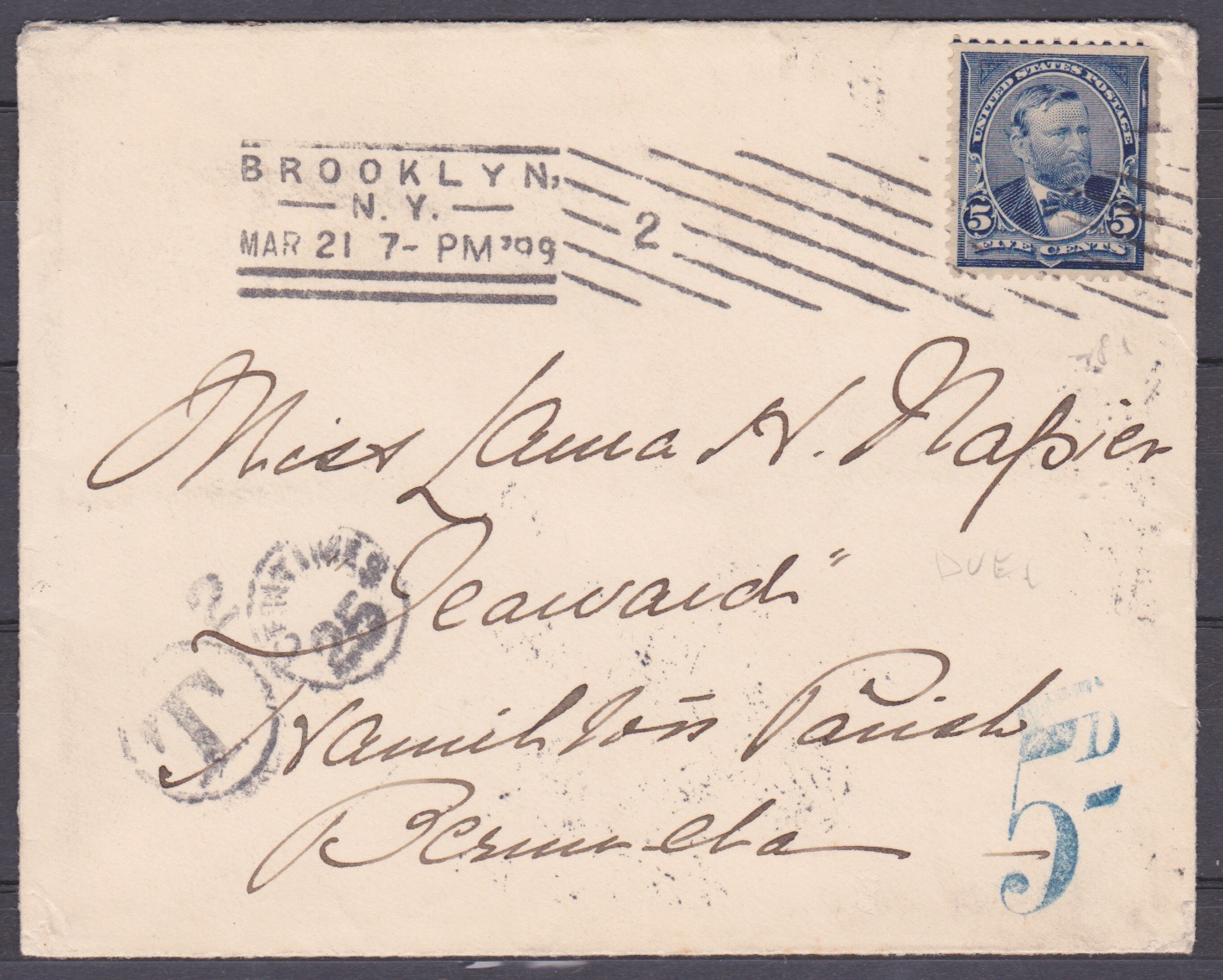 Bermuda 1899 Cover From New York Franked 5C With Blue "5d" Charge Mark (Proud UP14, First Recorde...