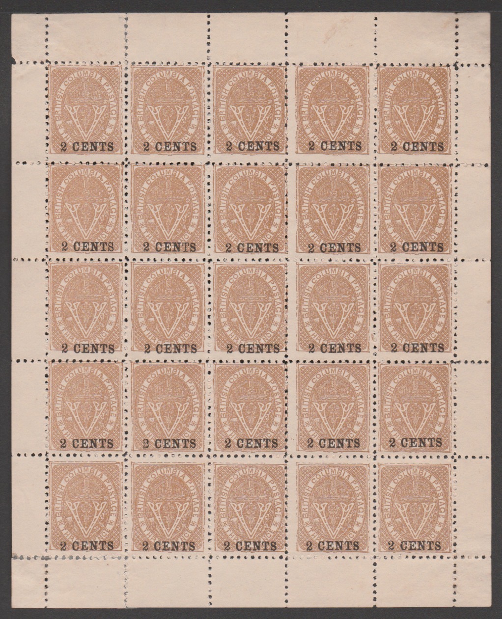 British Columbia 1868 2c Brown Forgery Perf 11 In A Complete Sheet of 25, Minor Staining and Perf