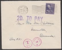 Bermuda 1949 Cover From USA To Hamilton Franked 3c, Handstamped Violet "2d To Pay". A Rare Posta...