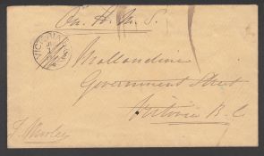 British Columbia 1868 Stampless Envelope Signed J. Morley and Headed "On H.M.S." Delivered Free O...