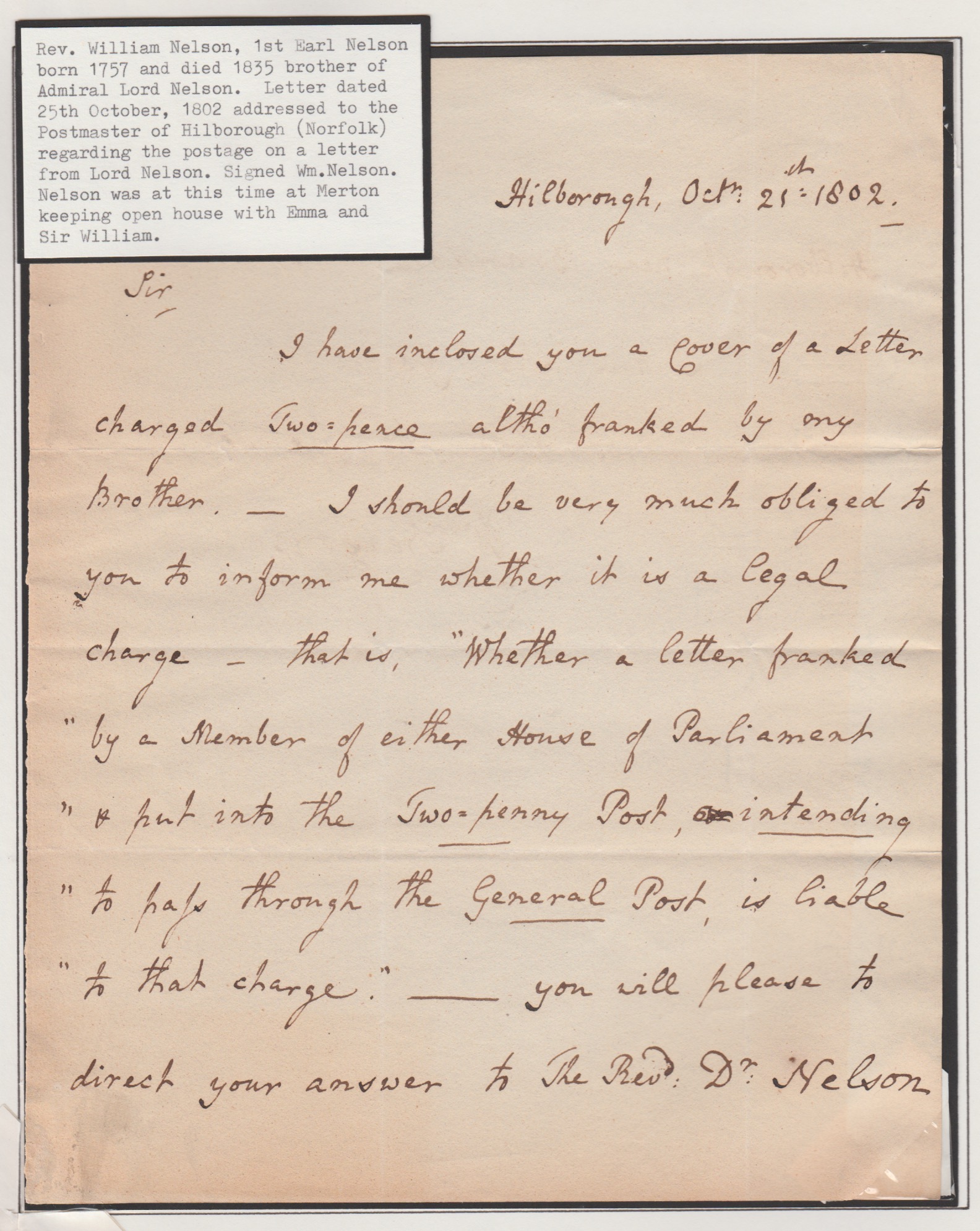 G.B. - Frees 1802 (Oct. 21) Letter Written and Signed By Rev. William Nelson At Hilborough, To Th...