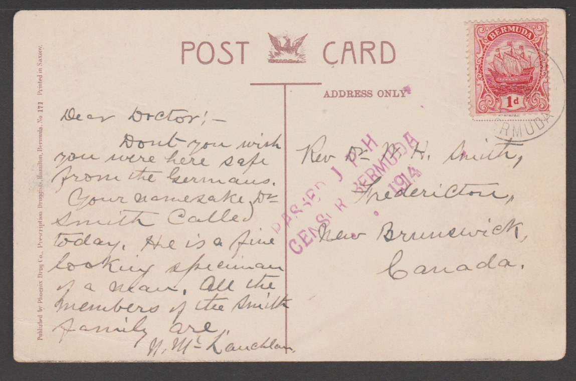 Bermuda 1914 (Aug) Picture Postcard From Hamilton To Canada With Violet "Passed JPH / Censor