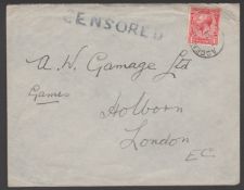 Ascension c.1915 Cover To London With GB 1d Tied By "Ascension" C.D.S., Handstamped "Censored".