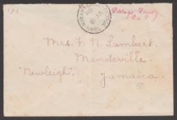 Cayman Islands 1908 (May 18) Stampless Cover (Flap Missing, Minor Faults) To Mandeville, Jamaica...