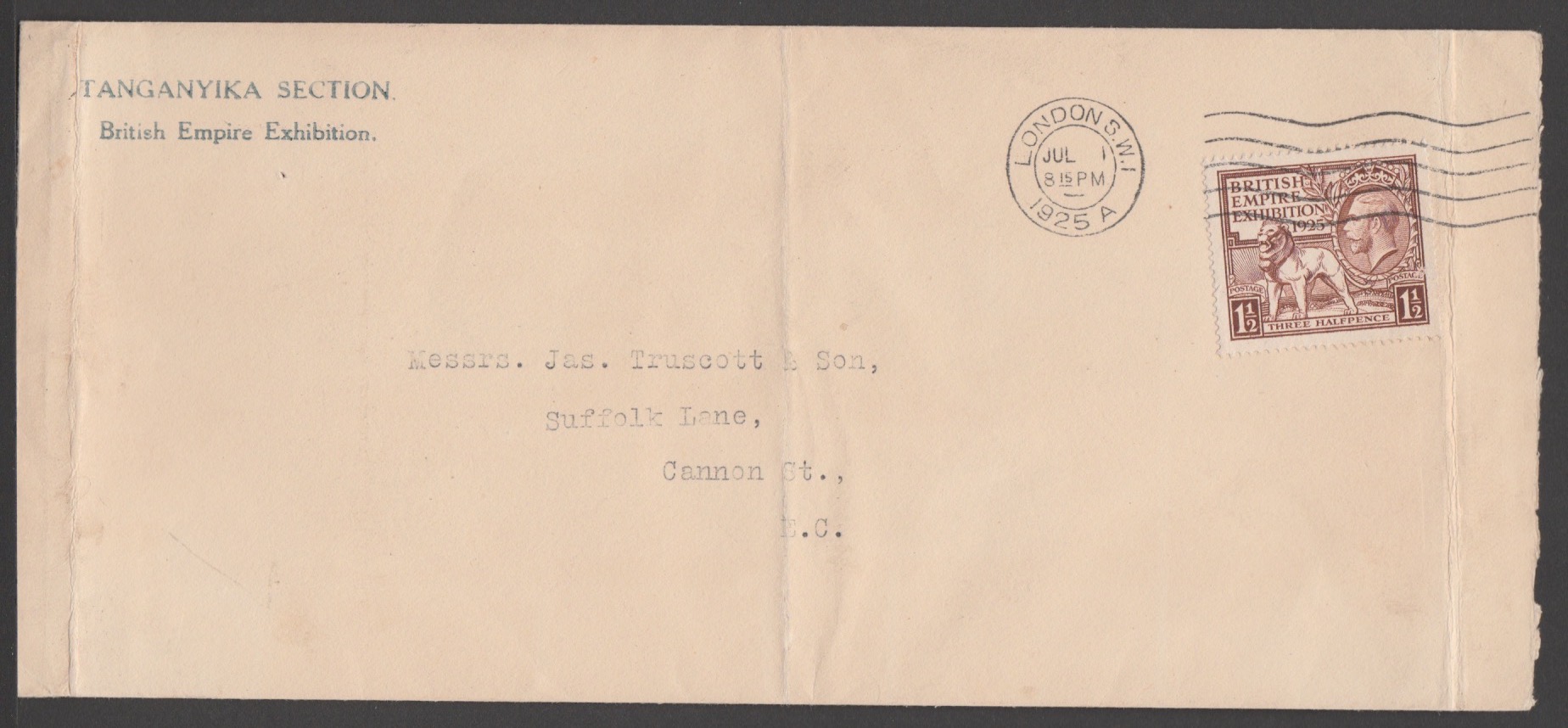 G.B. - British Empire Exhibition 1925 (Oct 31) Long Cover With "Tanganyika Section / British