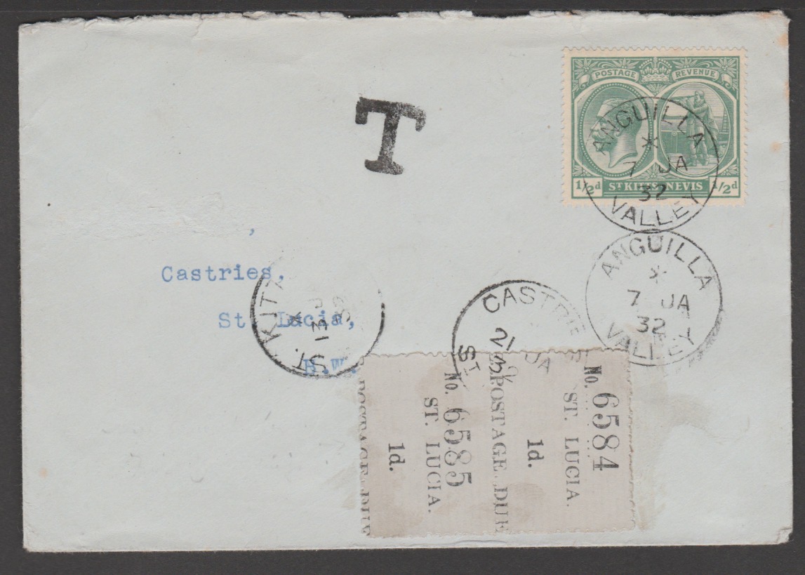 Anguilla 1932 1/2d On Cover To St. Lucia, Cancelled Anguilla Valley With Handstamped "T" On Arriv...