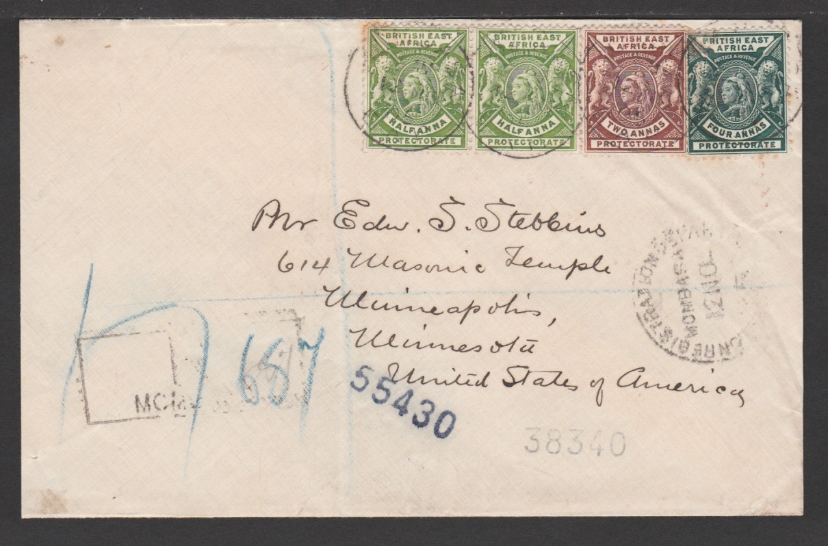 British East Africa 1905 Registered Cover From Mombasa To U.S.A. Franked 1896-1901 1/2A Pair, 2A...