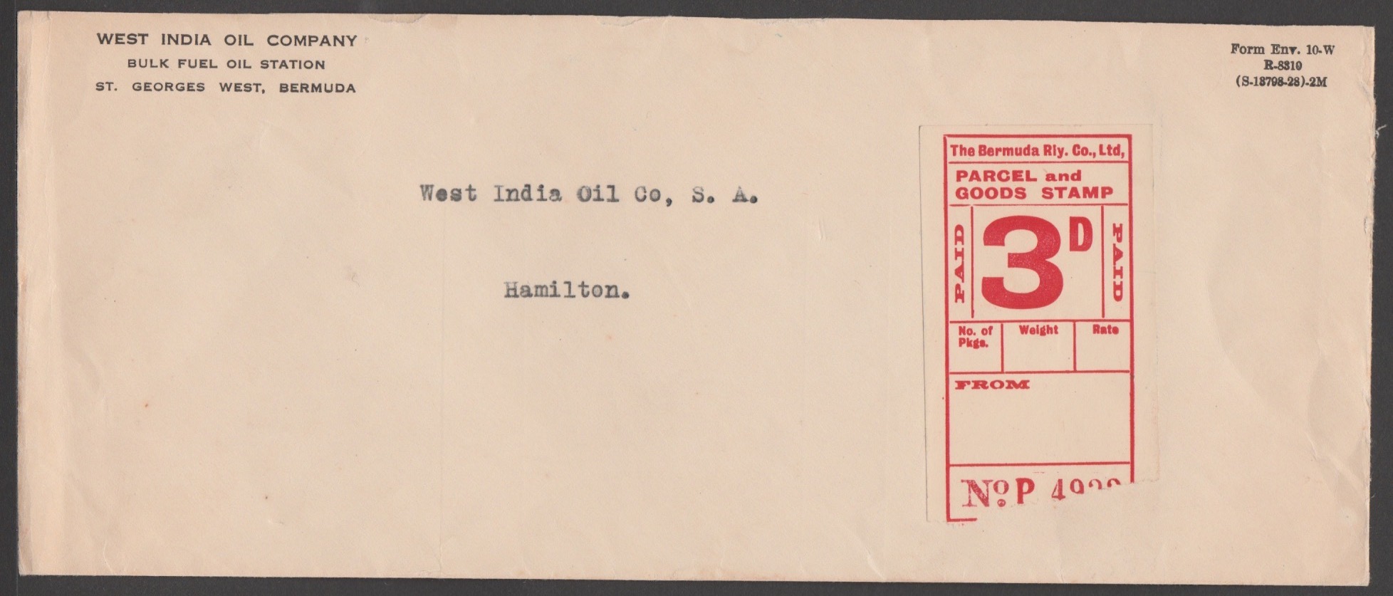 Bermuda c.1940 Cover From St Georges West To Hamilton Carried As A Railway Parcel, Bearing A 3d