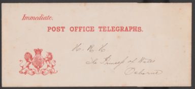 G.B. - Royalty c.1875 Long Envelope With "Immediate Post Office Telegraph." and The Royal Arms