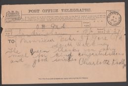 GB Royalty 1904-12 Three Ohms Telegrams From Sandringham In Which Queen Alexandra Thanks Mr. Fehr