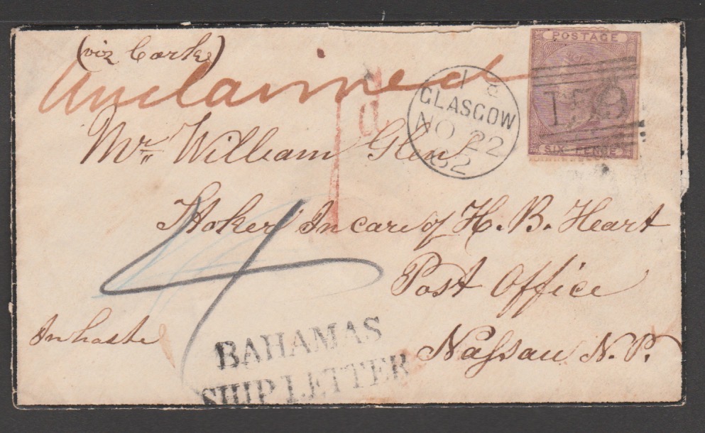 Bahamas 1862 Cover From Glasgow To Nassau Franked G.B. 6d (Faults) With Red "1d" Accountancy
