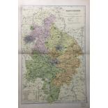 Coloured Antique Large Map Warwickshire GW Bacon 1904.