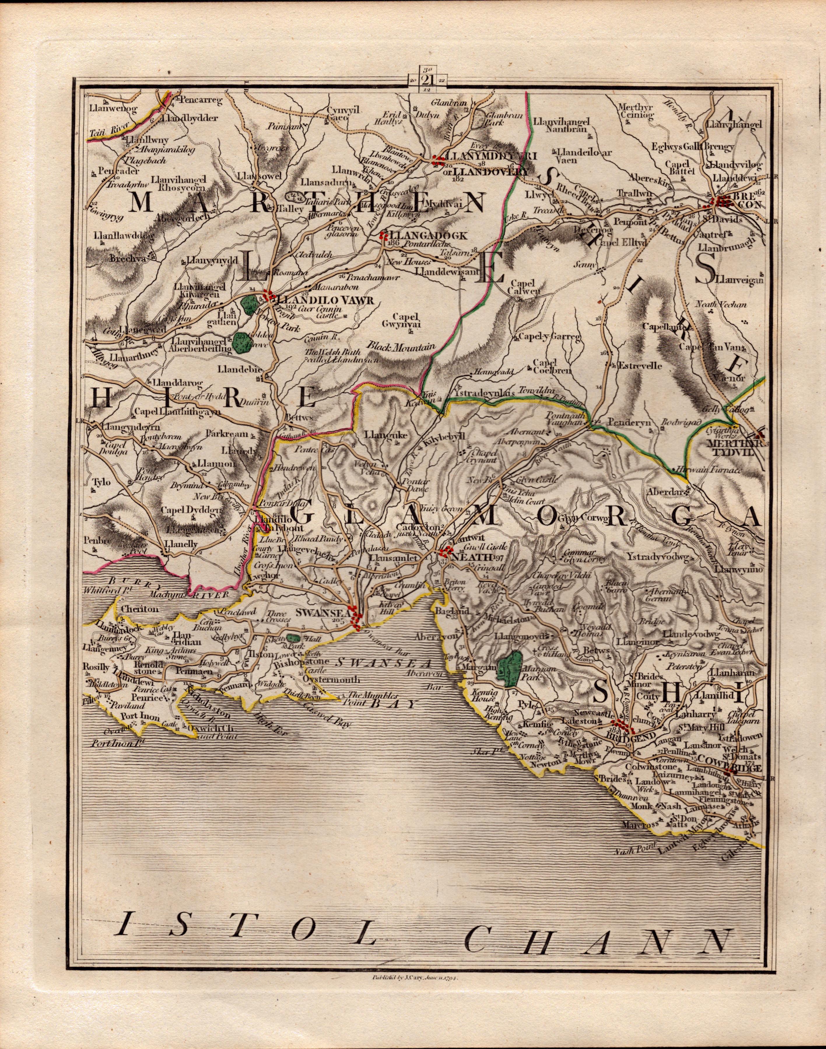 Glamorgan Swansea Carmarthen Brecon -John Cary's Antique 1794 Map.