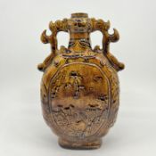 An Antique Chinese Brown Crackle Glaze Moon Flask Vase With Dragon Handles