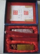 Vintage Chinese Carved Jade Stone Wax Seal and Candle Set, Cased